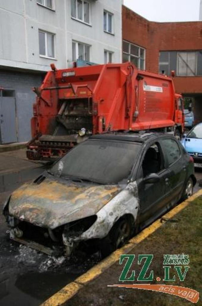 Ļaundarības rezultātā automašīna «Peugeot 206» ir pilnīgi iznīcināta. Cietusi arī ugunsgrēka brīdī blakus stāvējusī automašīna.
Autors: Inga Karlinska.