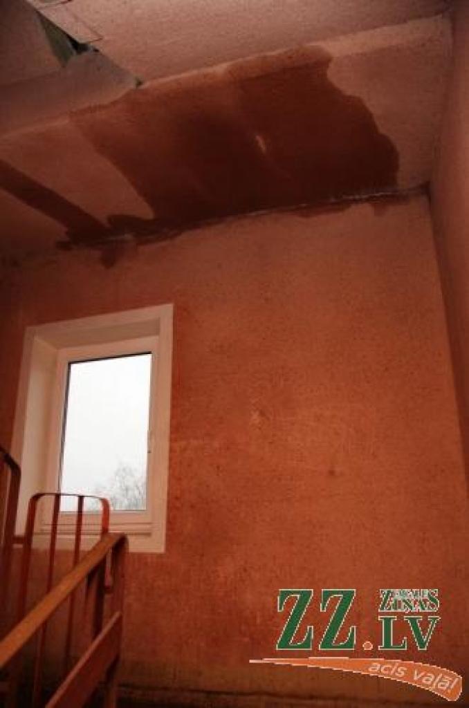 Slapjums kāpņutelpā, mitri griesti un vēsums ir Vīgriežu ielas 28. mājas iedzīvotāju ikdiena jau vairāku mēnešu garumā. Nākamnedēļ ēkas apsaimniekotājs solījies cauro jumtu salabot. 
Autors: Krišjānis Grantiņš.