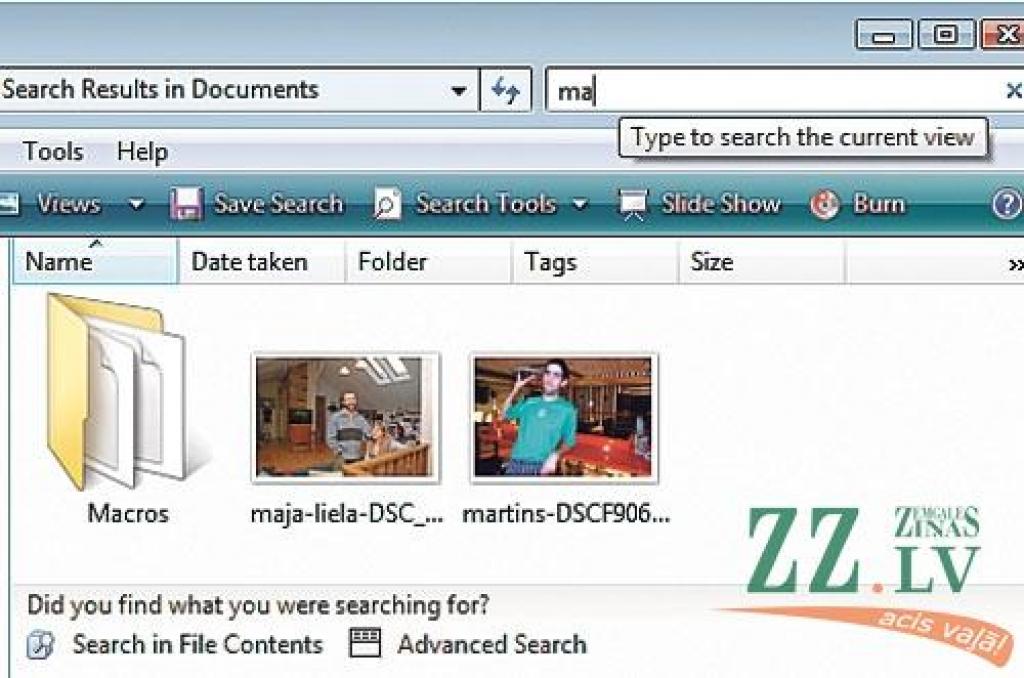 Meklēšanas piemērs: atveram «Documents» un augšējā labajā stūrī meklēšanas lodziņā ierakstām uzvedinošu zilbi. Ja vēlamies meklēšanu turpināt dokumentu saturā, klikšķinām uz uzrakstu «Search in File Contents».