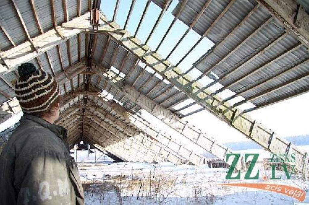 Nozagtas jumta siju brusas pamestajā «Līču» fermā Zaļenieku pagastā.
Autors: Agris Samcovs