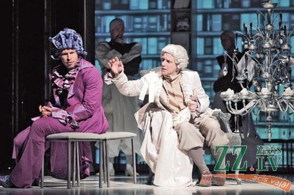 Divu Artūru lieliskā saspēle: Dīcis (Volfgangs Amadejs Mocarts, pa kreisi) un Skrastiņš (Antonio Saljēri).
Autors: Gunārs Janaitis