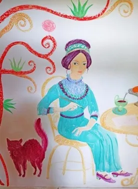 ATVEROT Dubultu Rakstnieku nama ārdurvis un ienākot ēkā, pirmais, kas paveras skatienam, ir šis sienas zīmējums – Aspazija ar kaķi.